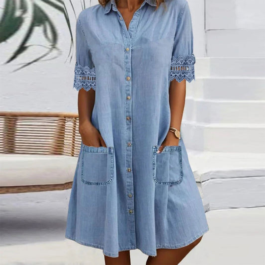 💖Niebieska prosta sukienka z kołnierzykiem i koronkowym wykończeniem w stylu jeansowym Mini