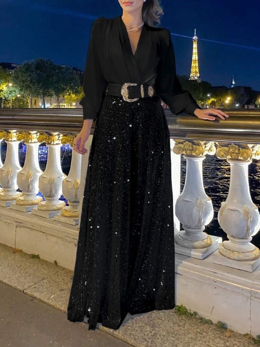 Elegante langärmelige Bluse mit V-Ausschnitt und weite, mit Pailletten besetzte Jumpsuit-Hose