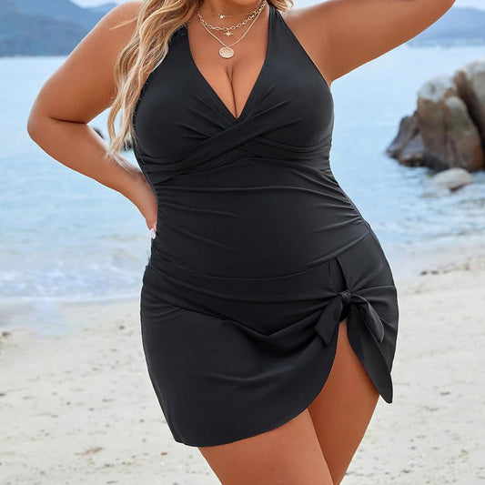 Damski jednoczęściowy kostium kąpielowy Plus Size z dekoltem w szpic