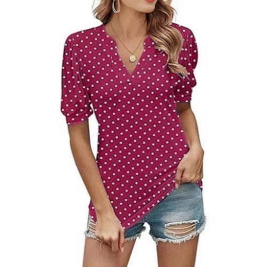 Casualowy top z bufiastym rękawem V-Neck w kropki