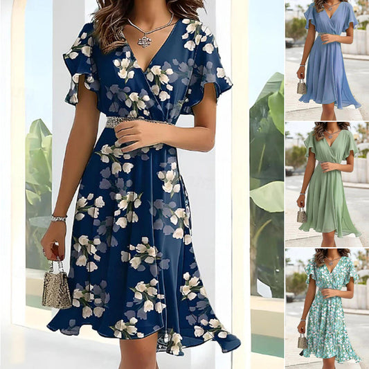 🔥👗Damska letnia sukienka midi z falbanką i dekoltem w serek z wiązaniem w talii