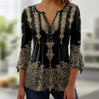 🔥Bluzka z rozkloszowanymi rękawami z dekoltem w serek z nadrukiem w stylu vintage👚