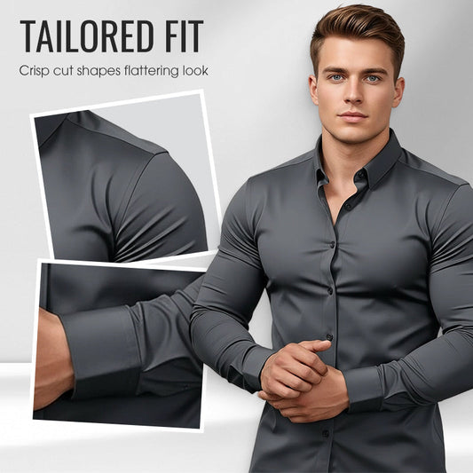 👔Męska koszula z długim rękawem, jednokolorowa, przeciwzmarszczkowa, o wysokiej elastyczności