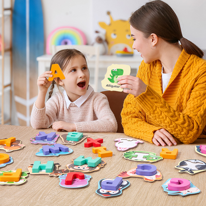 🧠🧩 26-elementowa drewniana gra polegająca na dopasowywaniu liter i zwierząt 👶💕