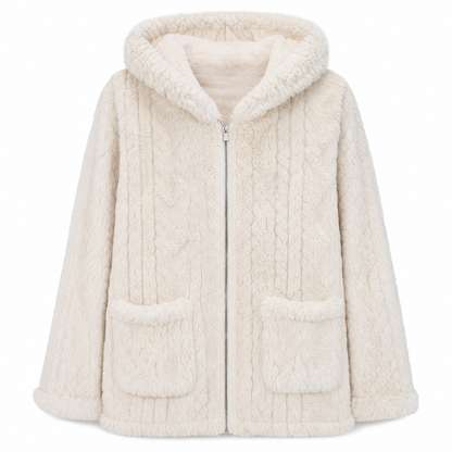 📦 🔥✨ Aktionsfavorit: Damen-Teddyjacke mit Kapuze und Reißverschluss – Kuschelige Wärme, Zopfstruktur & praktische Taschen 🧥