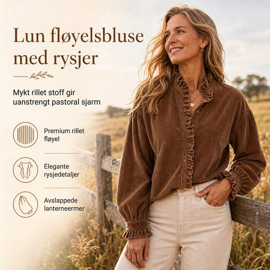 Dame vintage bluse i cordfløyel med volangkrage og lange lanternermer