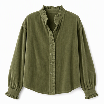 Dame vintage bluse i cordfløyel med volangkrage og lange lanternermer