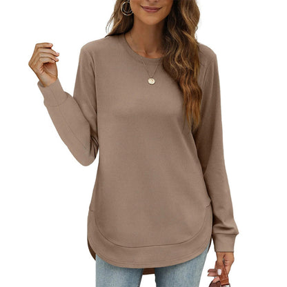✨💕 Damen-Langarmshirt mit Rundhalsausschnitt und High-Low-Saum – Lockerer Fall, klare Linien & vielseitiger Alltagsstil 👚