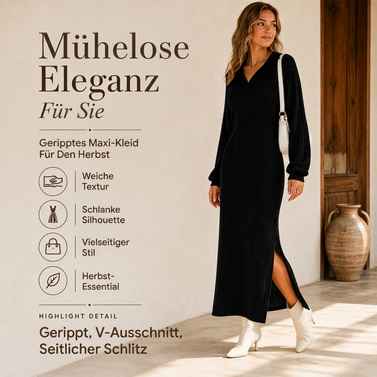 ✨Neu Eingetroffen! Geripptes Maxikleid mit Kragen und Schlitz für Damen