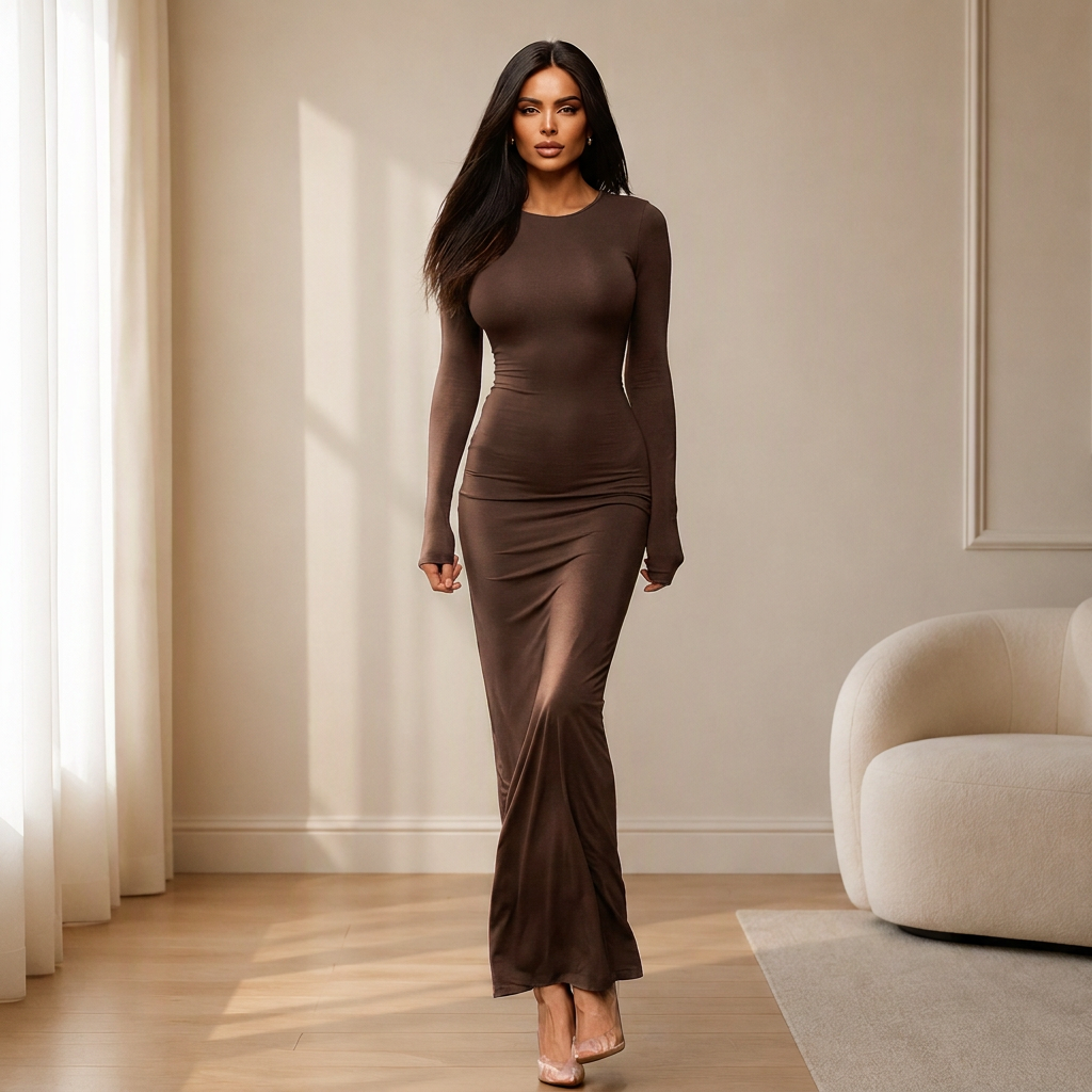 Figurbetontes Maxi-Kleid mit langen Ärmeln und Fishtail-Saum für Damen
